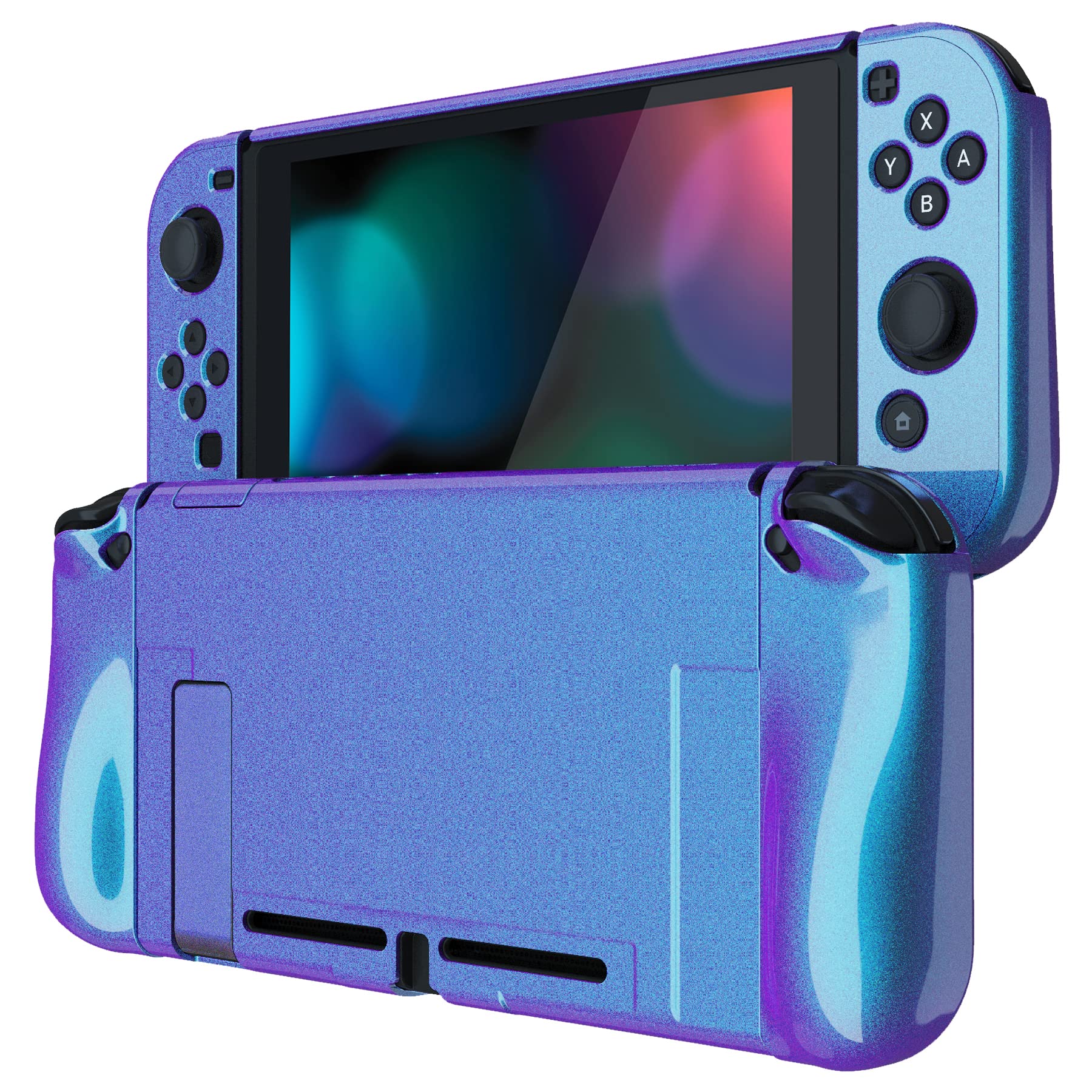 PlayVital Ergonomic Grip Case for Nintendo Switch  Upgraded Protective Hard Case Protector for Switch - Shock-absorbent Anti-Scratch Dockable Durable Cover Game Accessories  Chameleon Purple Blue