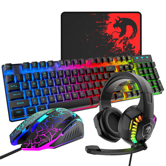 Wired Gaming Keyboard and Mouse Headset Combo Rainbow LED Backlit Wired Keyboard Over Ear Headphone with Mic Rainbow Backlit Gaming Mice Mouse Pad for PC Laptop Mac PS4 Xbox(Black)