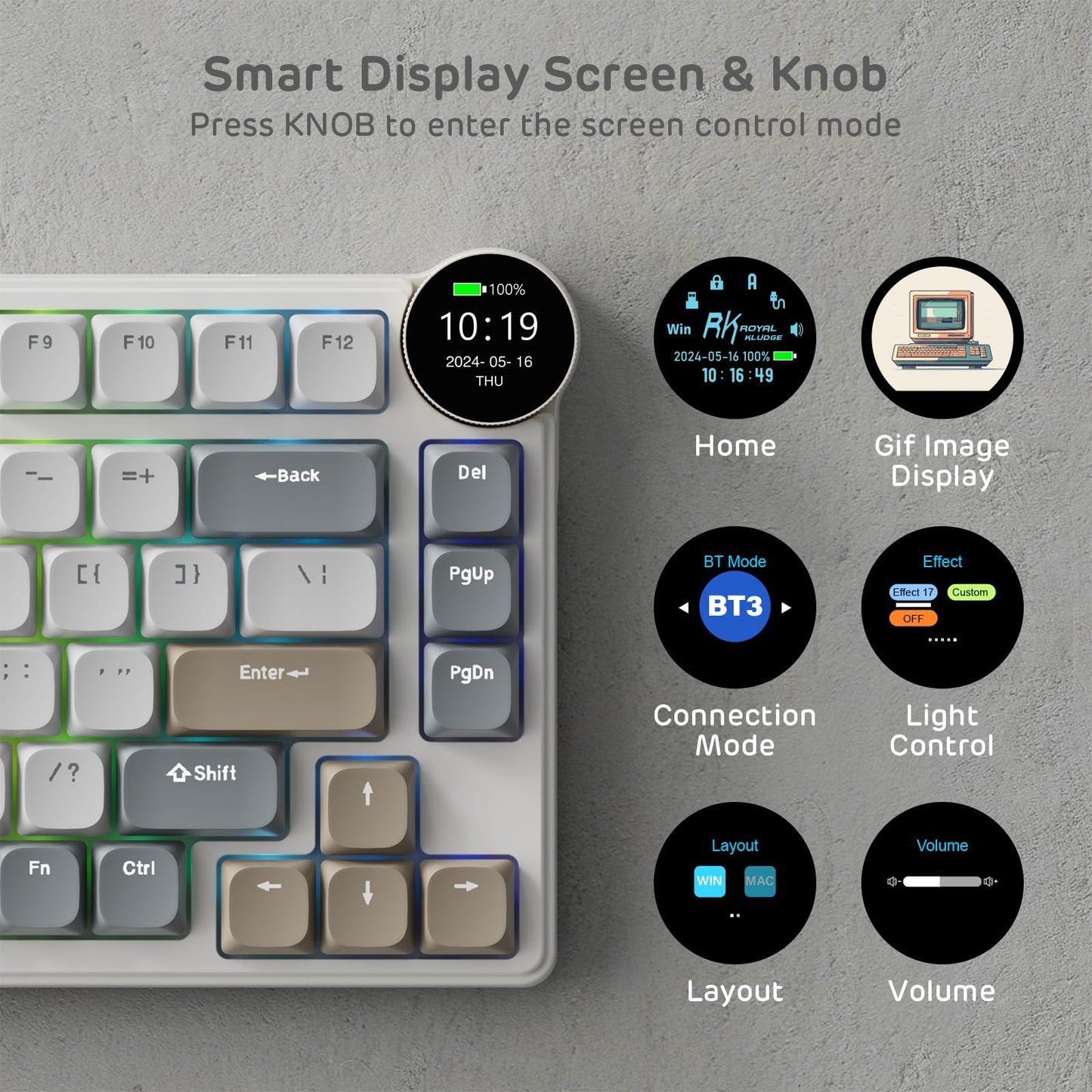 RK ROYAL KLUDGE N80 Low Profile Mechanical Keyboard, Smart Display, 3-Modes Wireless, Quiet Red Switch, Sandy Grey