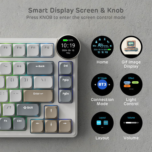 RK ROYAL KLUDGE N80 Low Profile Mechanical Keyboard, Smart Display, 3-Modes Wireless, Quiet Red Switch, Sandy Grey