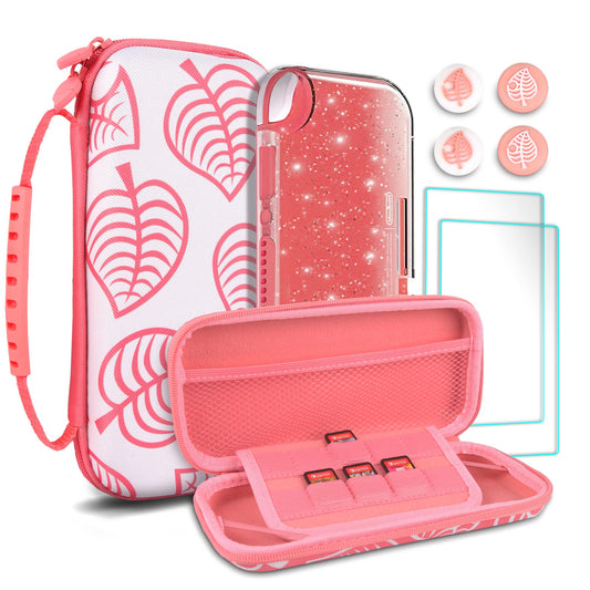 TIKOdirect Carrying Case for Nintendo Switch lite  Shockproof Portable Travel Bag with Glitter Galaxy cover  Screen Protectors and Cute Leaf Thumb Grips Caps  Animal Crossing Pink