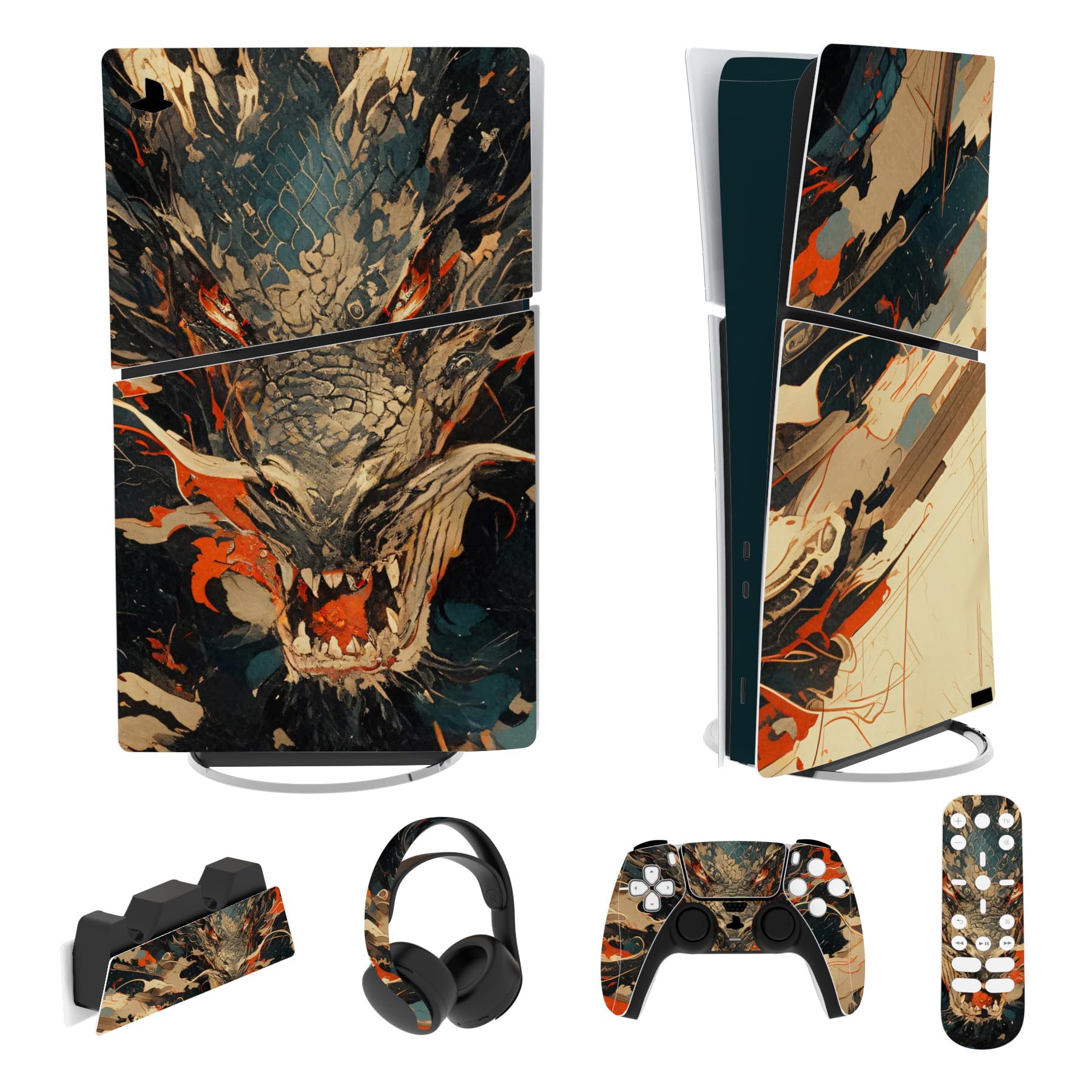 PlayVital Full Set Skin Sticker for ps5 Slim Console Digital Edition (The New Smaller Design)  Vinyl Skin Decal Cover for ps5 Controller & Headset & Charging Station & Media Remote - Dragons Fury