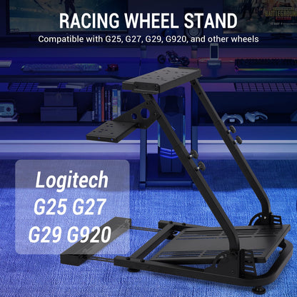 JustSmart L-Shaped Folding Steering Wheel Game Stand - Height Adjustable, Compatible with Logitech, Chair Fixing Seat Slot