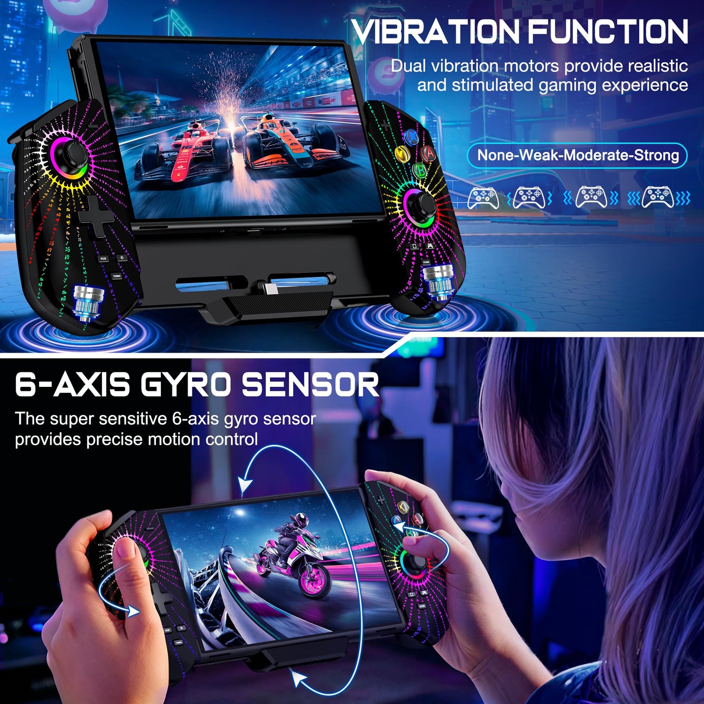 KICKDOT Wired Switch Pro Controller with Hall Joystick, Turbo, 4 Game Slots, Vibration, Black-Magical, for Nintendo Switch/OLED