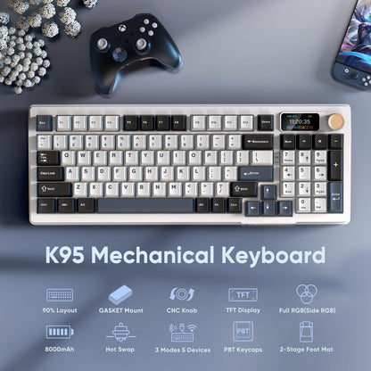 RedThunder K95 Wireless Mechanical Keyboard - TFT Screen, Tri-Mode BT5.0/2.4GHz/USB-C, RGB, Snowy White-Blue
