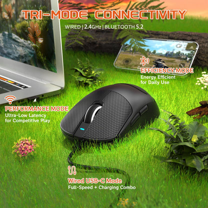 MAMBASNAKE X8 Plus Wireless Gaming Mouse - 55g Lightweight, 40K DPI, Ergonomic Design, Black with Tape, Triple Mode, 150h Battery Life
