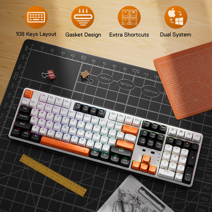 Redragon K689 PRO Wireless RGB Mechanical Keyboard - 108 Keys, Hot-swappable, Round PBT Keycaps, Black Tangerine