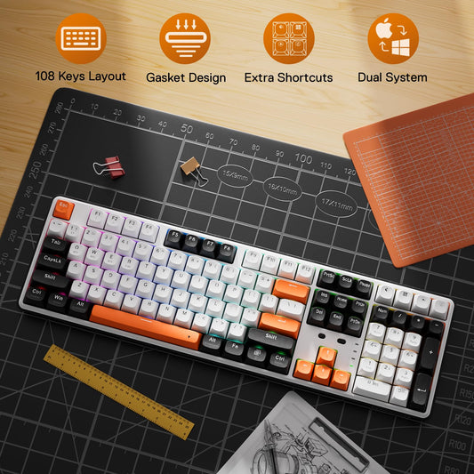 Redragon K689 PRO Wireless RGB Mechanical Keyboard - 108 Keys, Hot-swappable, Round PBT Keycaps, Black Tangerine