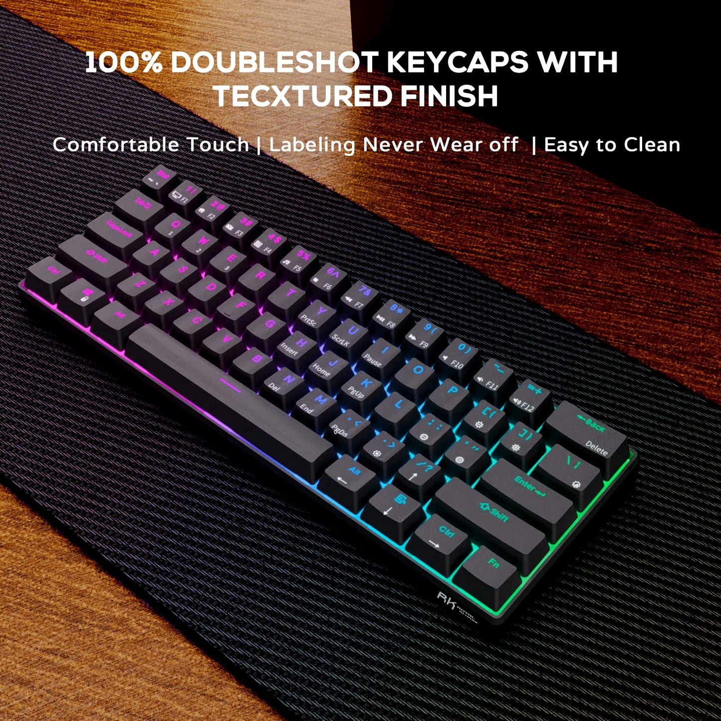 RK ROYAL KLUDGE RK61 60% Mechanical Keyboard, Hot-Swappable Brown Switch, RGB, Wireless/Bluetooth, Black, Model 01-001-061-00-02