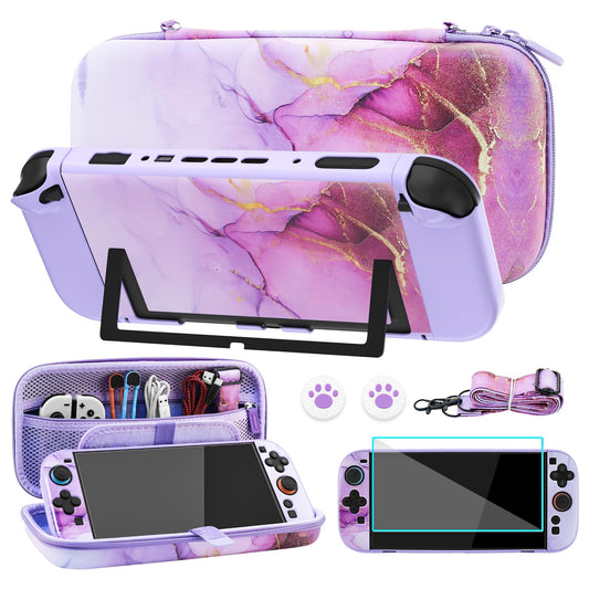 FUNDIARY Travel Carrying Case for Nintendo Switch 2 with Purple Marble Design  Cute Accessories with Portable Storage Bag  Dockable Protective Cover  Screen Protector  Shoulder Strap and 2 Thumb Caps
