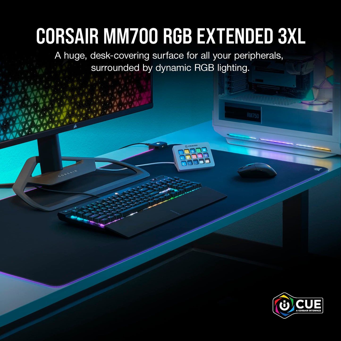 Corsair MM700 RGB Extended 3XL Gaming Mouse Pad - 1,220mm x 610mm, Black, Three-Zone RGB Lighting, Model CH-9417080-WW