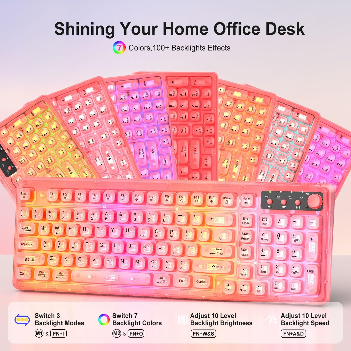 BAIHUAFRU Wireless Backlit Keyboard and Mouse Set, Full Size, Pink, 2.4GHz, Rechargeable, 15 Backlight Effects, RGB Mouse, Volume Knob