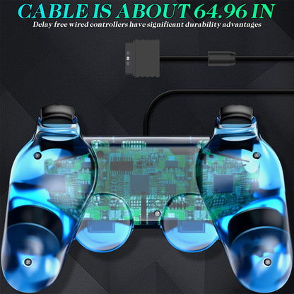Zeion Wired Controller for PS2 Double Shock - 2 Pack Gamepad, Clear Green & Clear Blue