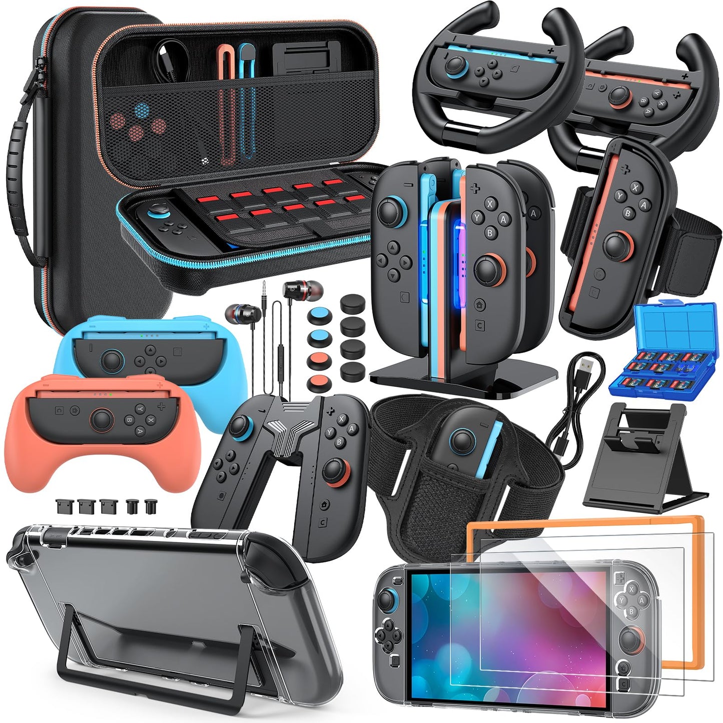 Switch 2 Accessories Bundle  30-in-1 Kit for Nintendo Switch 2: Carrying Case  Controller Charger Dock  Grips for JoyCon  Steering Wheels  Wrist Band  Leg Strap  Protective Cover for Switch 2 Console  Black (30Pcs)
