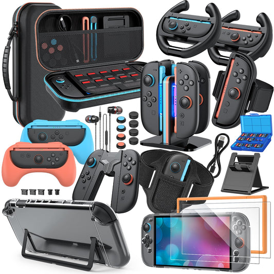 Switch 2 Accessories Bundle  30-in-1 Kit for Nintendo Switch 2: Carrying Case  Controller Charger Dock  Grips for JoyCon  Steering Wheels  Wrist Band  Leg Strap  Protective Cover for Switch 2 Console  Black (30Pcs)