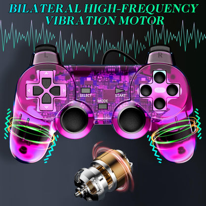 Zeion Wired Controller for PS2 Double Shock - 2 Pack Gamepad, Clear Purple & Clear Green