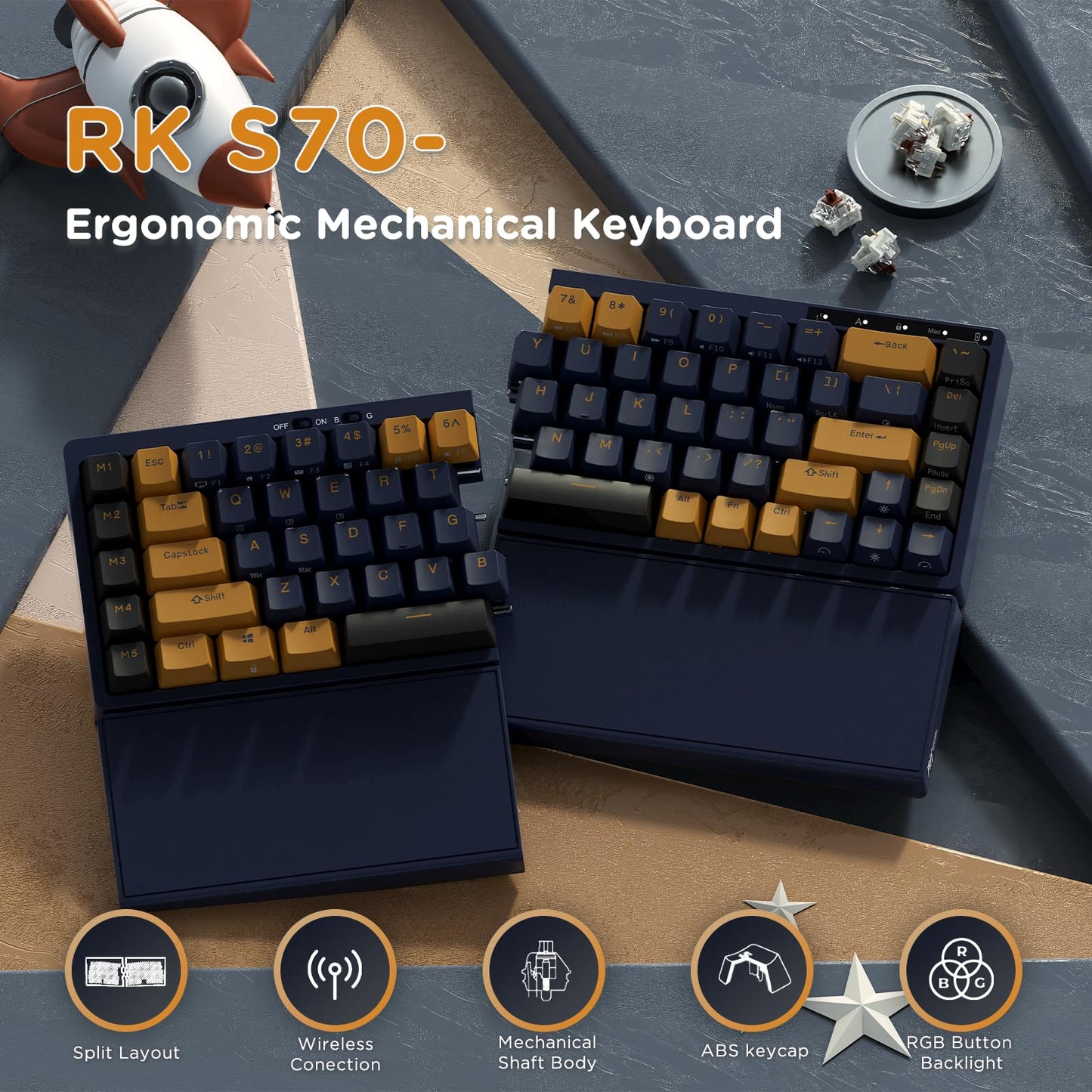 RK ROYAL KLUDGE RKS70 Wireless Ergonomic Split Keyboard, RGB Hot Swappable, Bluetooth/2.4G/Wired, Black