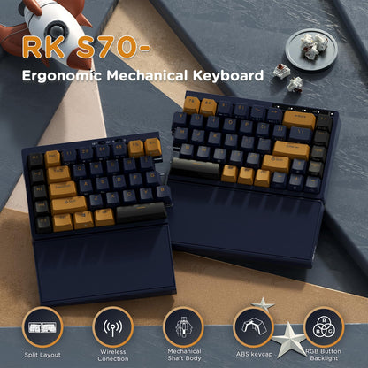 RK ROYAL KLUDGE RKS70 Wireless Ergonomic Split Keyboard, RGB Hot Swappable, Bluetooth/2.4G/Wired, Black