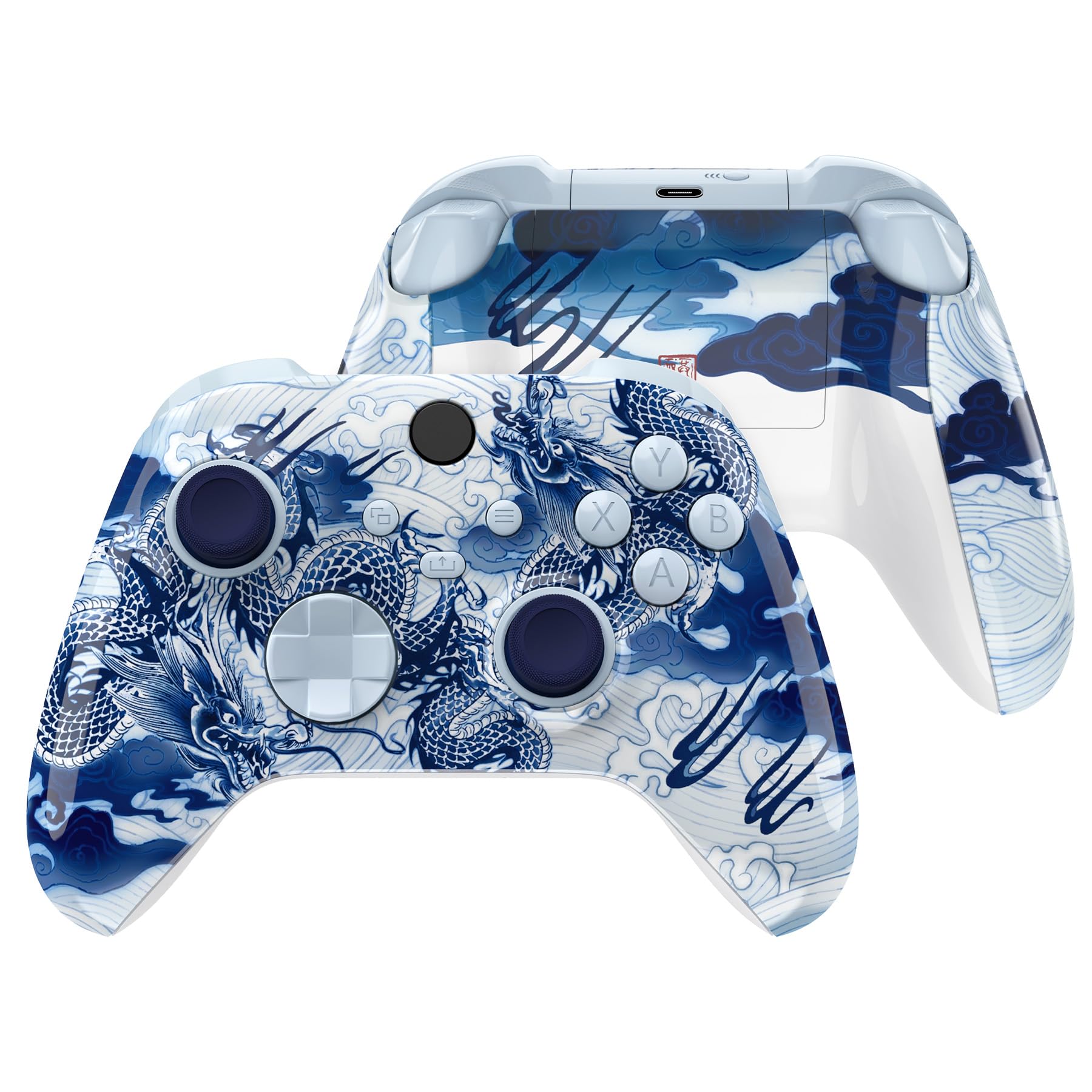 eXtremeRate Full Set Shell Buttons for Xbox Series X & S Controller  Porcelain Dragon Custom Replacement Side Rails Grips Front Back Plate Cover for Xbox Core Wireless Controller [Controller Excluded]