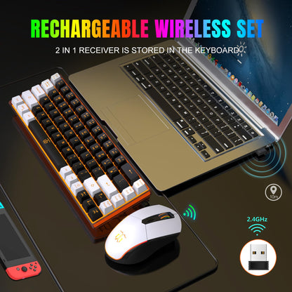 Snpurdiri 60% Wireless Gaming Keyboard & Mouse Combo, Orange Backlit, Rechargeable 2000mAh Battery, Black-White Color