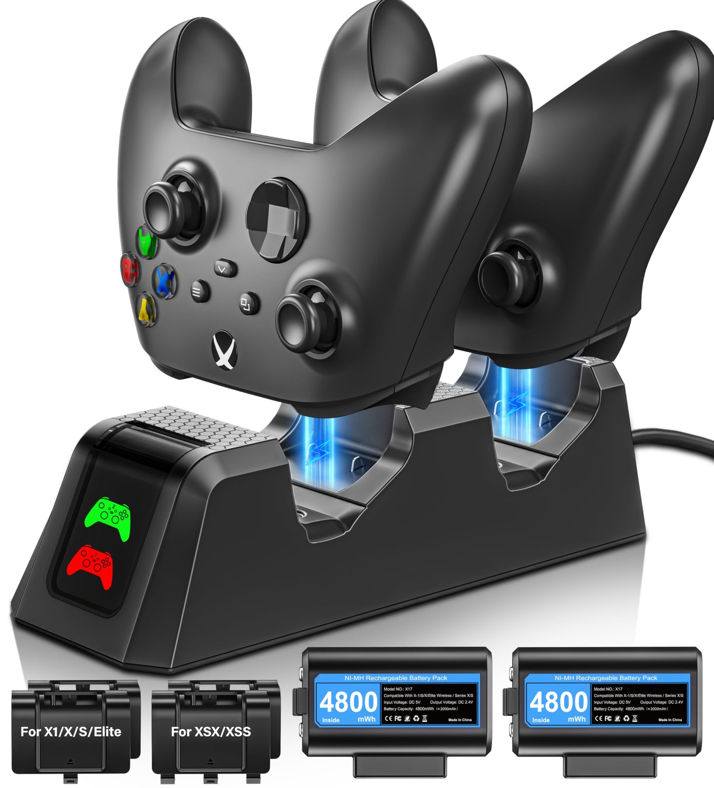 Rechargeable-Battery-Pack-for-Xbox-Controller  2x4800mWh Batteries Pack with Charging Station for Xbox One/Xbox Series X|S Xbox One S/Xbox One X/Xbox One Elite Controller Charger Accessories - Blue