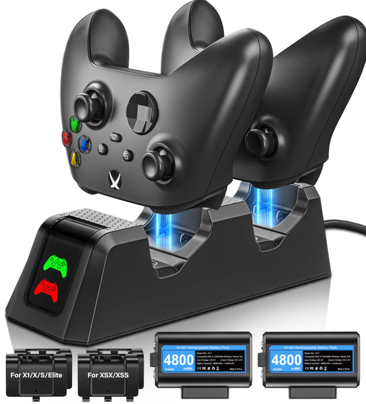 Rechargeable-Battery-Pack-for-Xbox-Controller  2x4800mWh Batteries Pack with Charging Station for Xbox One/Xbox Series X|S Xbox One S/Xbox One X/Xbox One Elite Controller Charger Accessories - Blue