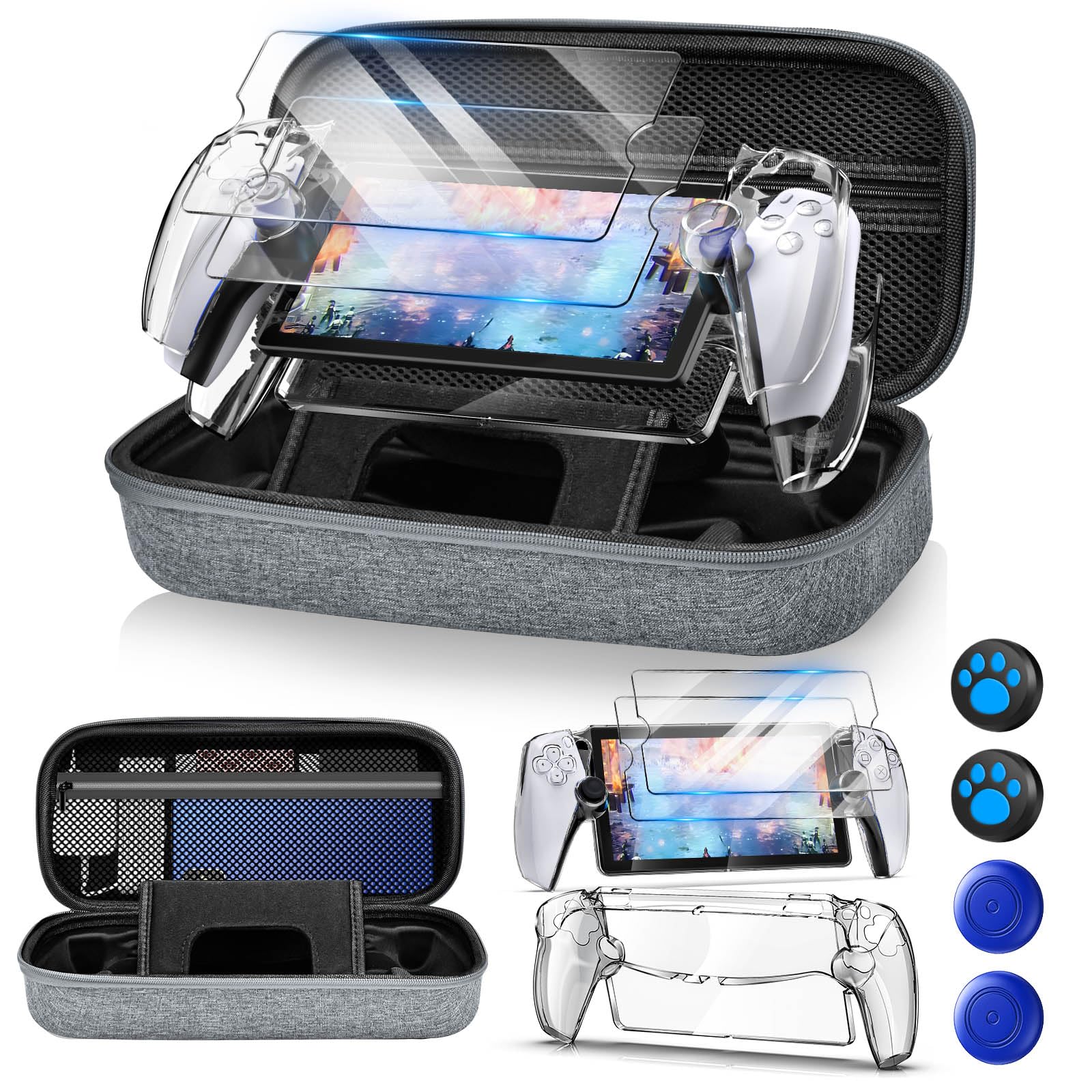 Auarte 12-in-1 Accessories Set for PS Portal, Hard Case, 2 Screen Protectors, Light Grey, Model PSP12G