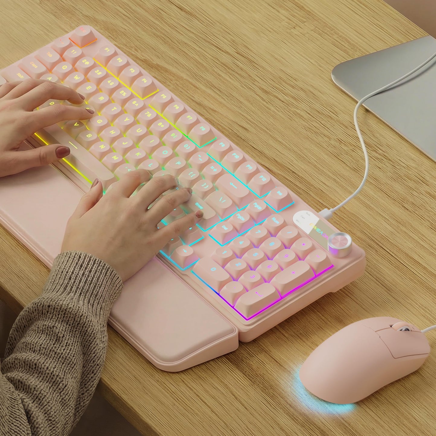 EWEADN C98 Wired Keyboard and Mouse Combo  Wired Computer Keyboards with Wrist Palm  Double-Shot Keycaps  Silent RGB Backlight Keyboard for Windows/MAC/PC (Creamy Pink)