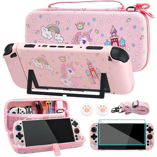 FUNDIARY Pink Travel Carrying Case for Nintendo Switch 2 with Unicorn Design  Accessories Kit with Cute Portable Storage Bag  Protective Dockable Cover  Screen Protector  Shoulder Strap and Thumb Caps