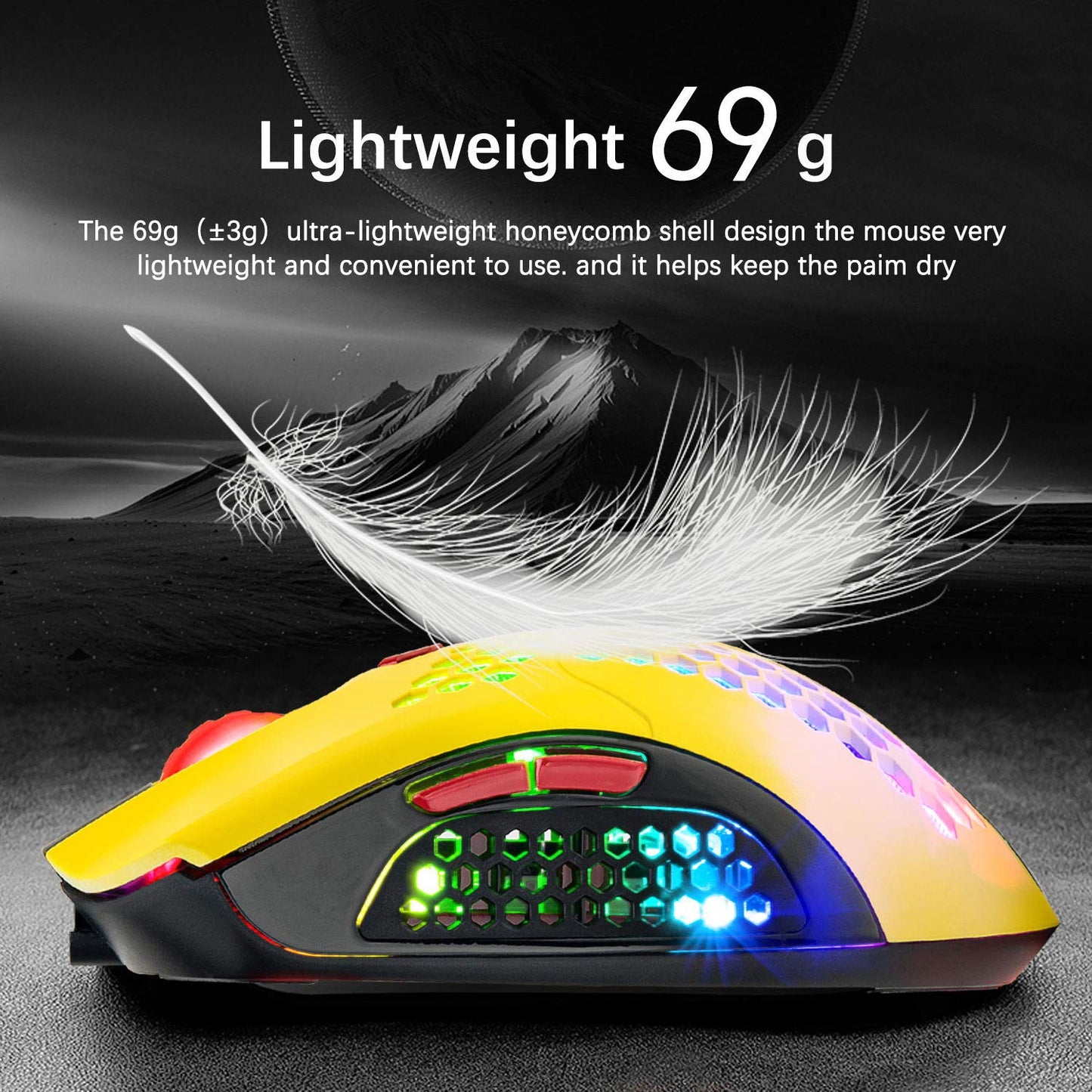 ZIYOU LANG Wireless Gaming Mouse - 16 RGB Backlit, Ultralight, 12000 DPI, Rechargeable, Honeycomb Shell, Yellow
