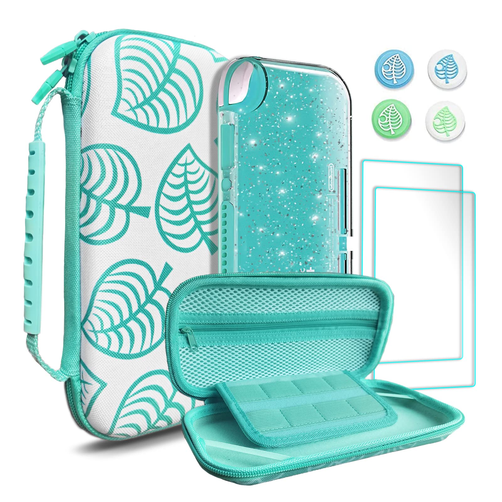 TIKOdirect Carrying Case for Switch lite  Shockproof Portable Tpartyl Bag with Glitter Galaxy cover  Screen Protectors and Cute Leaf Thumb Grips Caps  Animal Crossing Green
