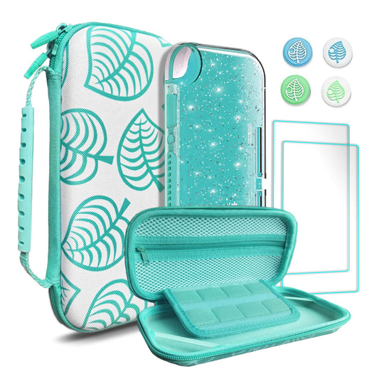 TIKOdirect Carrying Case for Switch lite  Shockproof Portable Tpartyl Bag with Glitter Galaxy cover  Screen Protectors and Cute Leaf Thumb Grips Caps  Animal Crossing Green