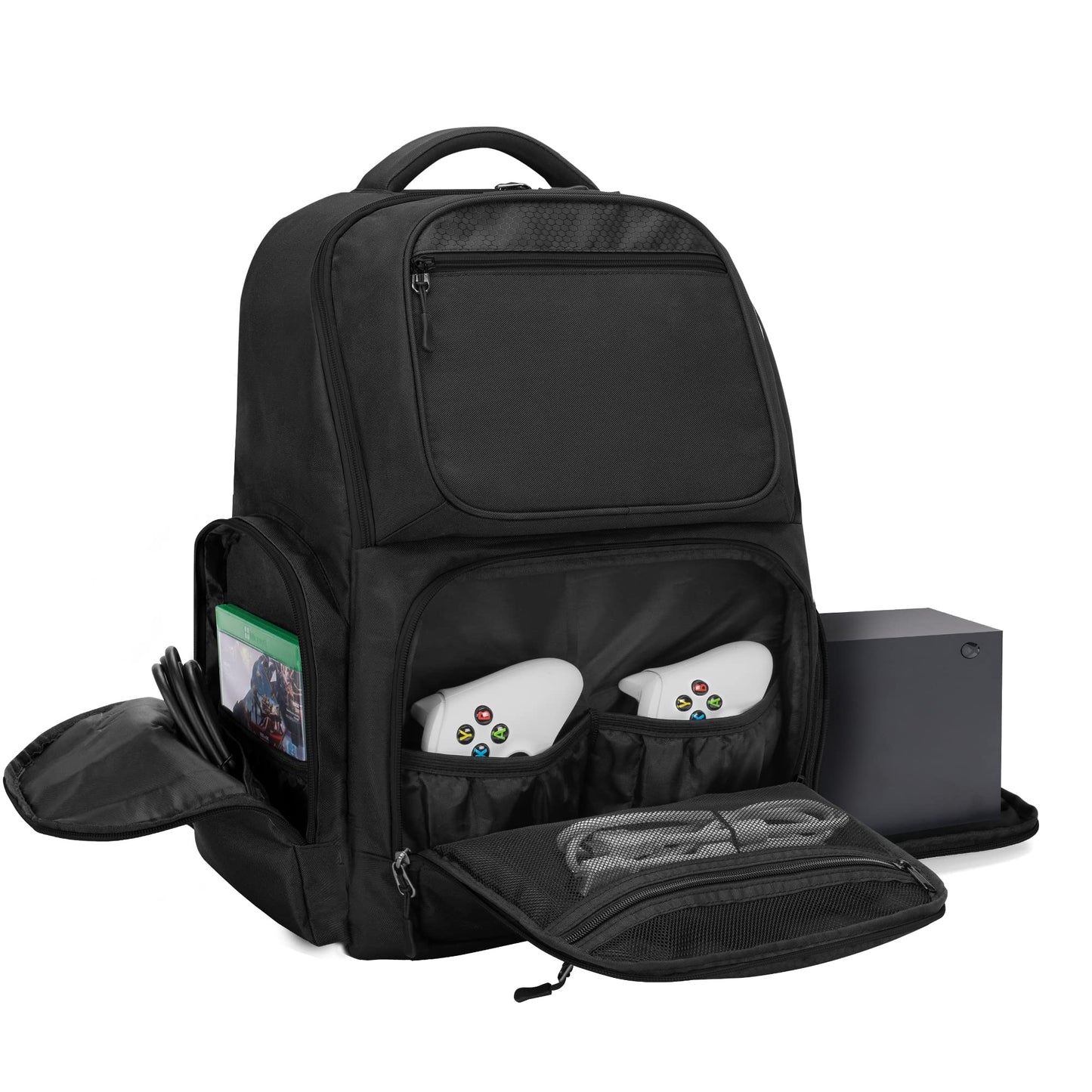 Trunab Tpartyl Backpack Compatible with Xbox Series X Carrying Case Game Storage Bag with Inner Divider for Xbox X/S Console  Multiple Pockets for 15.6  Laptop and Other Gaming Accessories  Black