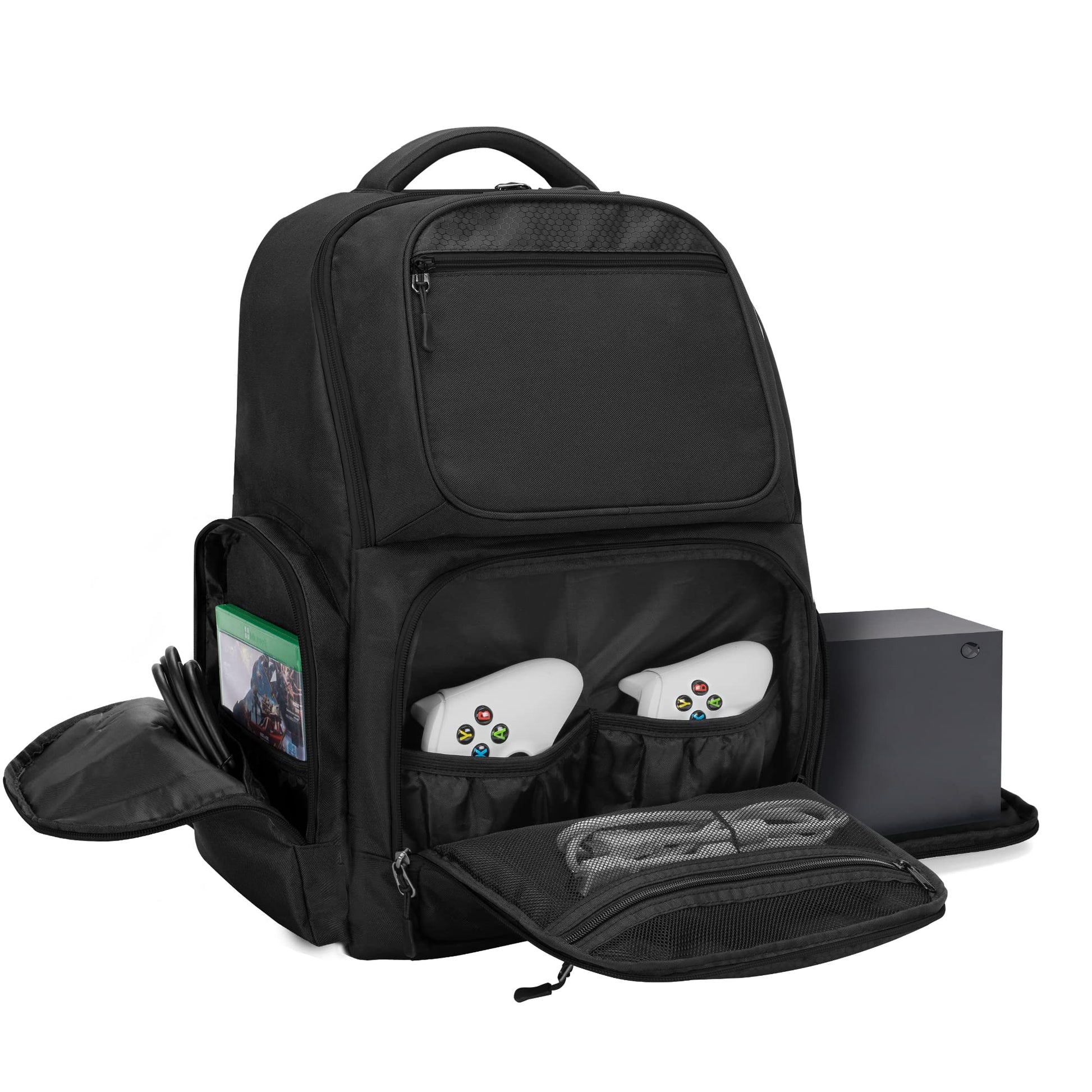Trunab Tpartyl Backpack Compatible with Xbox Series X Carrying Case Game Storage Bag with Inner Divider for Xbox X/S Console  Multiple Pockets for 15.6  Laptop and Other Gaming Accessories  Black
