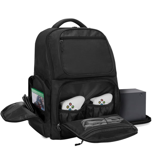 Trunab Tpartyl Backpack Compatible with Xbox Series X Carrying Case Game Storage Bag with Inner Divider for Xbox X/S Console  Multiple Pockets for 15.6  Laptop and Other Gaming Accessories  Black