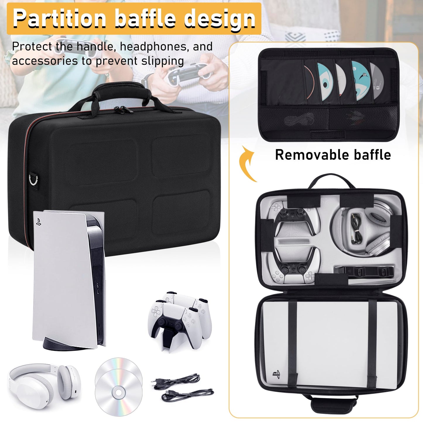 OUUTMEE Hard Shell Carrying Case for PS5 - Black Travel Bag for Console, Games, Headset & Accessories - Model 1