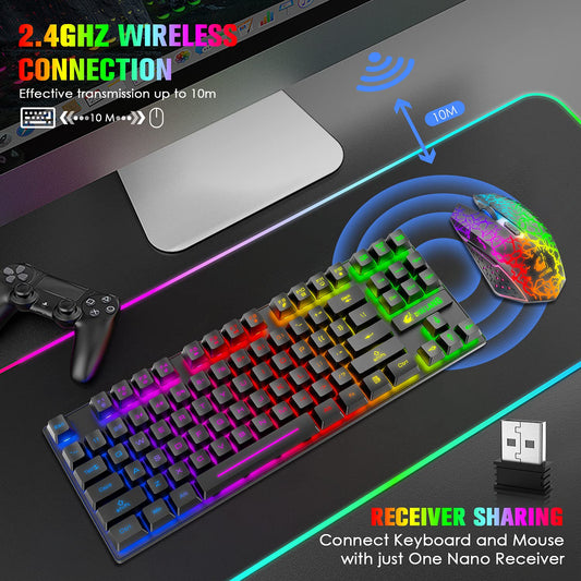 LexonElec Wireless Gaming Keyboard and Mouse Combo, RGB Backlit, Ergonomic Waterproof, Black, Rechargeable 3800mAh Battery, 87 Keys