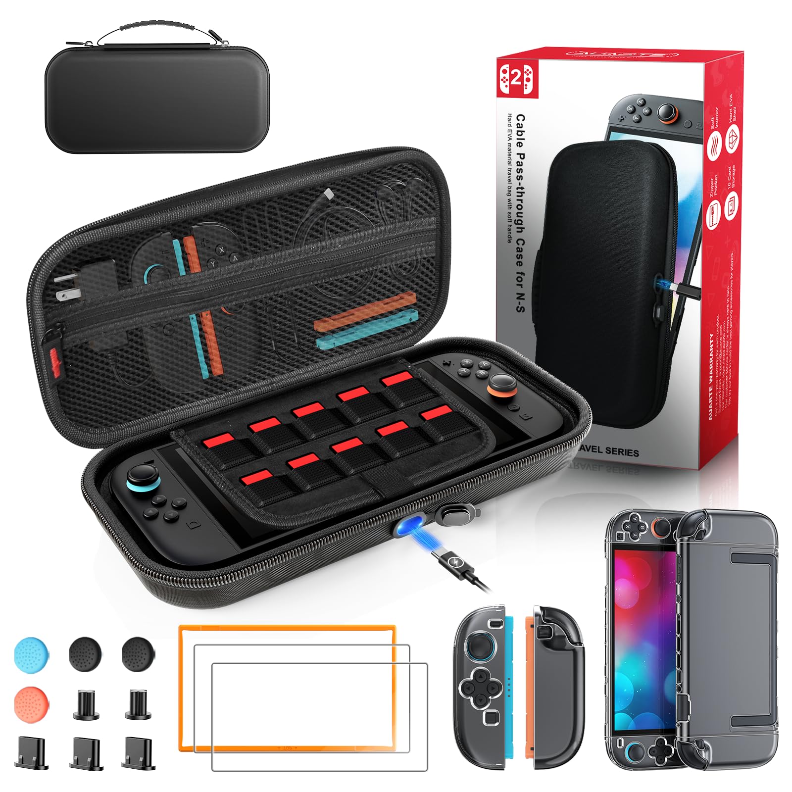 Auarte [Charge Inside] Switch 2 Carrying Case for Nintendo Switch 2 Console 2025 / Switch Original/Switch OLED  Slim Travel Carry Case for Switch 2 Accessories with 10 Game Card Storage (Black-Ptorective Case Bundle)