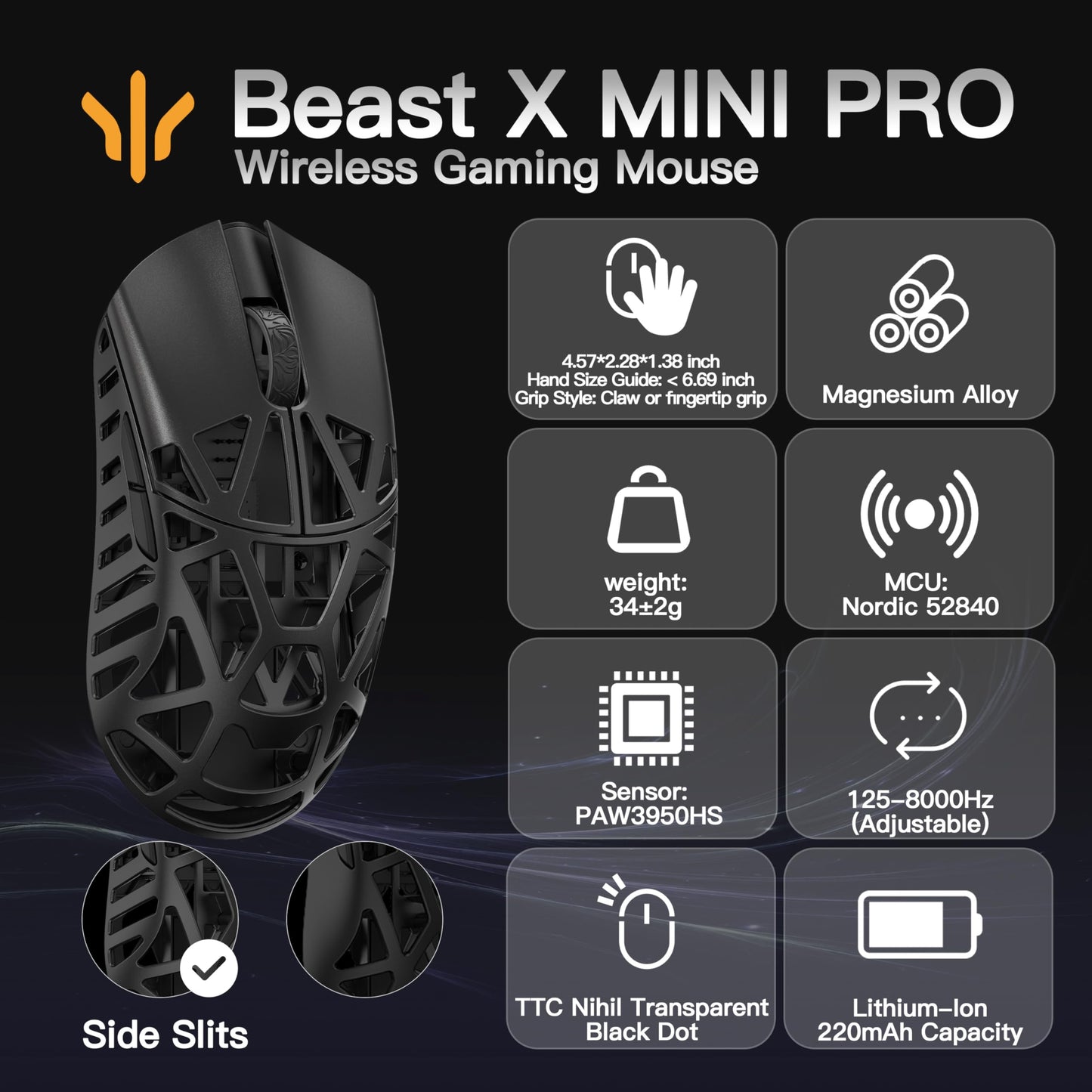 SMACKAPE Beast X Mini Pro Gaming Mouse - 34g, 30000 DPI, 8K Polling Rate, Black, TTC Switch, Customizable Panels, Compact Size 116mm x