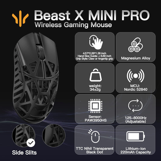 SMACKAPE Beast X Mini Pro Gaming Mouse - 34g, 30000 DPI, 8K Polling Rate, Black, TTC Switch, Customizable Panels, Compact Size 116mm x