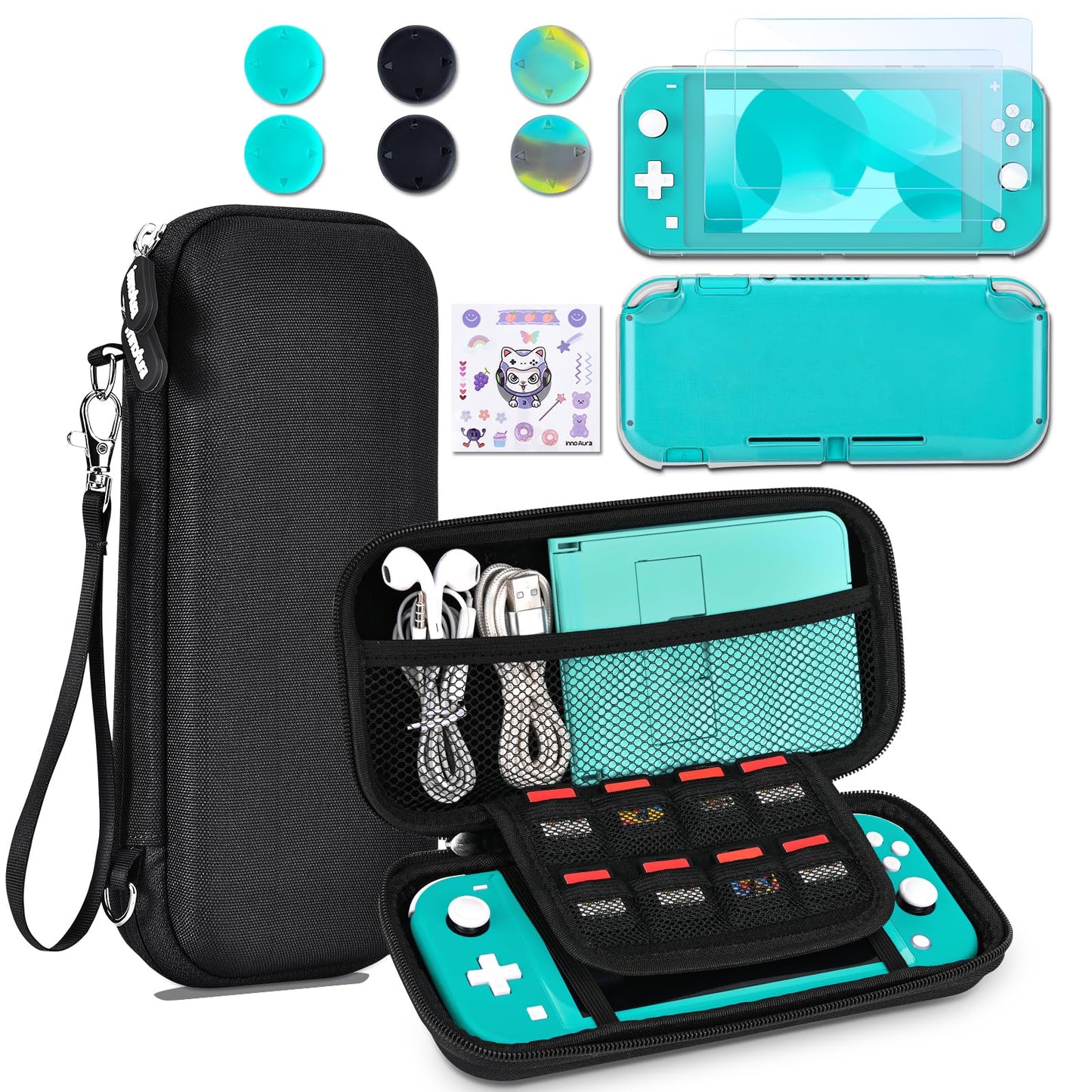 innoAura Switch Lite Case 12-in-1 Accessories Bundle for NS Switch Lite (2019)  with Protective Carrying Case  Hand Strap  Screen Protector & Cute Thumb Grips  Black