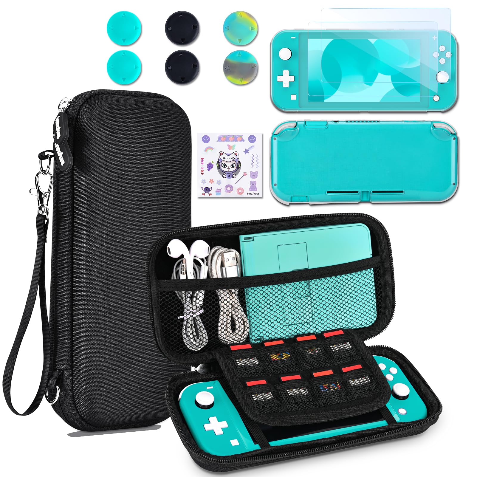 innoAura Switch Lite Case 12-in-1 Accessories Bundle for NS Switch Lite (2019)  with Protective Carrying Case  Hand Strap  Screen Protector & Cute Thumb Grips  Black