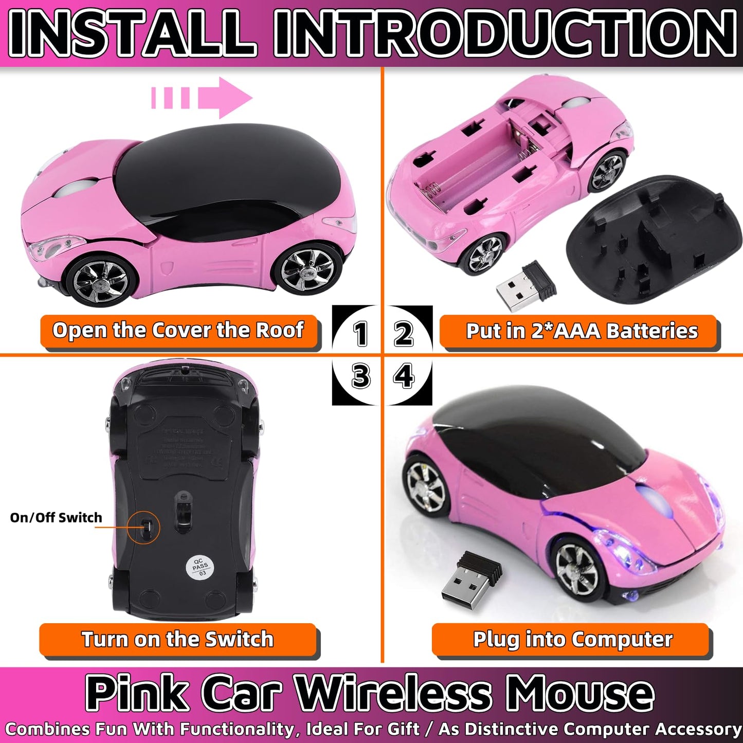 HuGuWdy Pink Wireless Car Mouse - 2.4G USB Receiver, Optical Mouse for PC/Laptop/Tablet, Compatible with Win & Mac, Stylish Pink Design