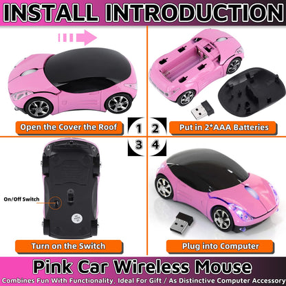 HuGuWdy Pink Wireless Car Mouse - 2.4G USB Receiver, Optical Mouse for PC/Laptop/Tablet, Compatible with Win & Mac, Stylish Pink Design