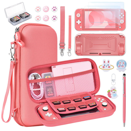 innoAura Switch Lite case 15 in 1 Switch Lite Accessories Bundle with Switch Lite carrying case  Switch game case  Switch Lite Screen Protector  Switch Stand  Switch Thumb grips (coral)