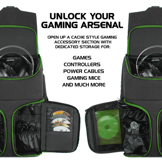 ENHANCE Xbox Backpack - Large Green Carrying Case for Series S, One X, One S - Storage for Controllers, Headset & Games