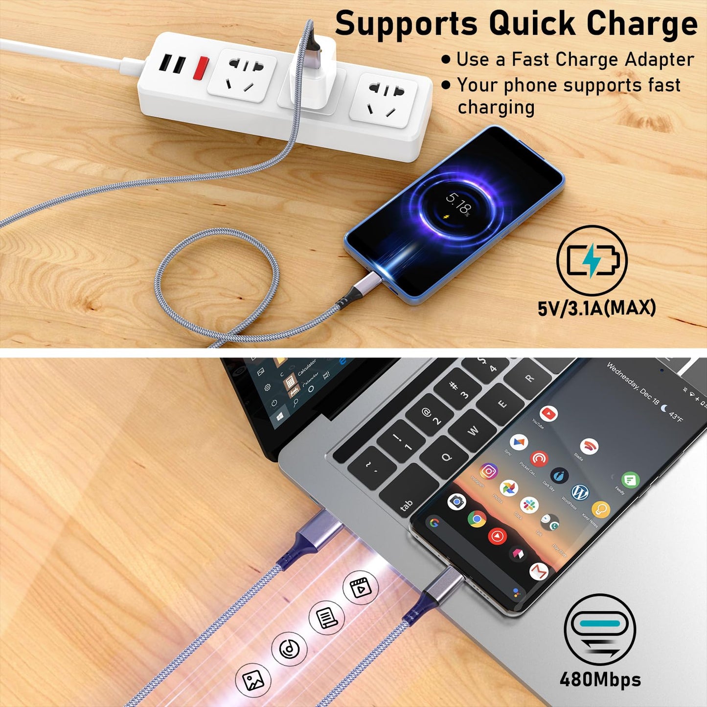 Generic Extra Long USB C Charger Cable 16FT 2Pack, 3.1A Braided for PS5/Xbox/Switch, Grey, Model PS5CABLE5M