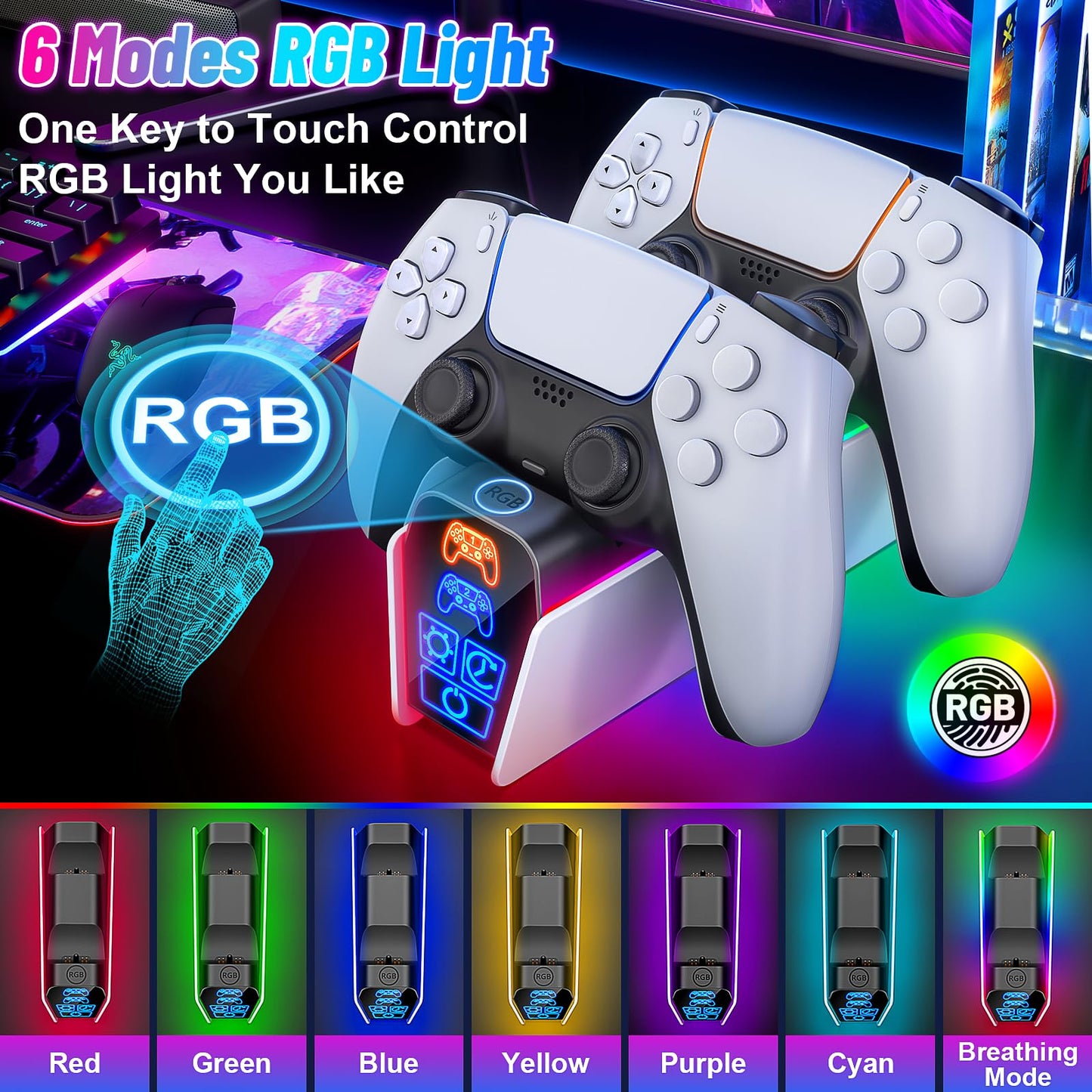 Fenolical PS5 Controller Charger Station for Dualsense & Edge - White, Small, Model HW-P9001, with Timer Function for PlayStation 5