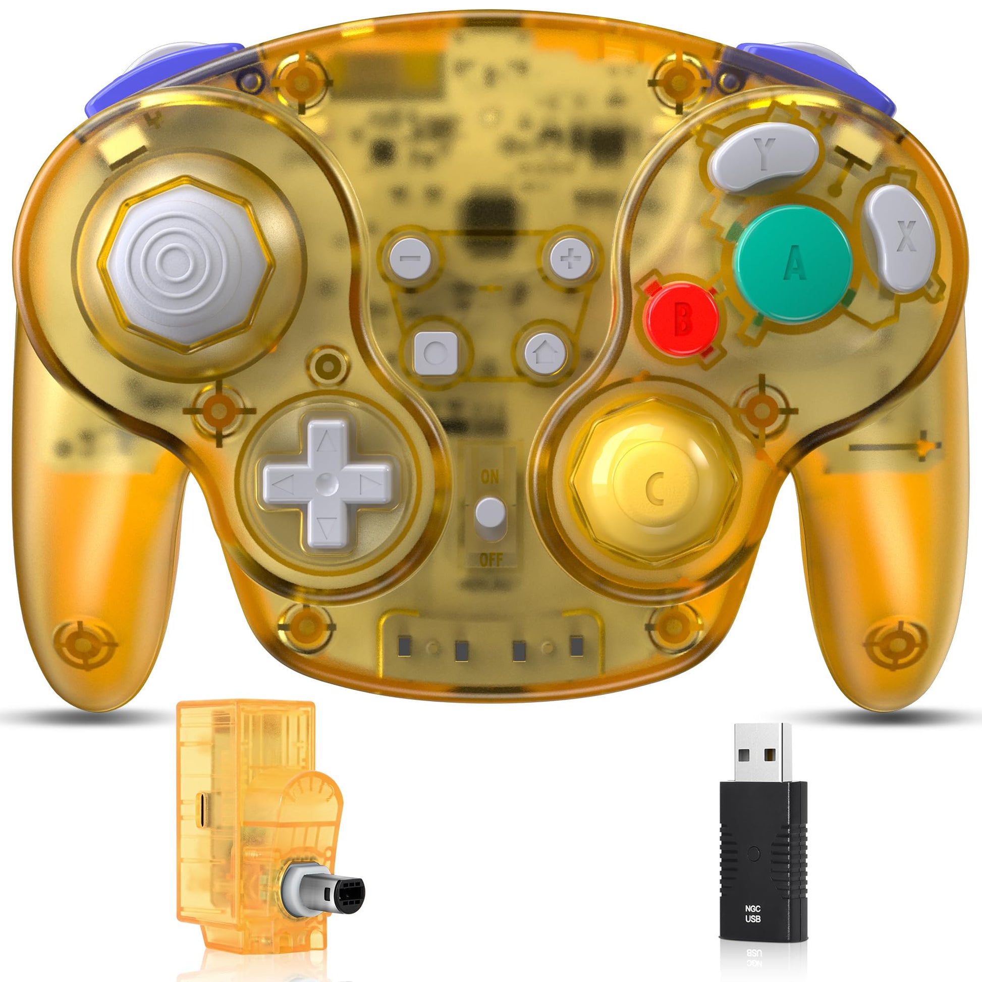 2.4 GHz Wireless GameCube Switch Pro Controller  for NGC GameCube Console  Switch/Switch OLED  PC  Steam Deck (Built-in Rumble) (Rechargeable) (Plug and Play) Clear Yellow