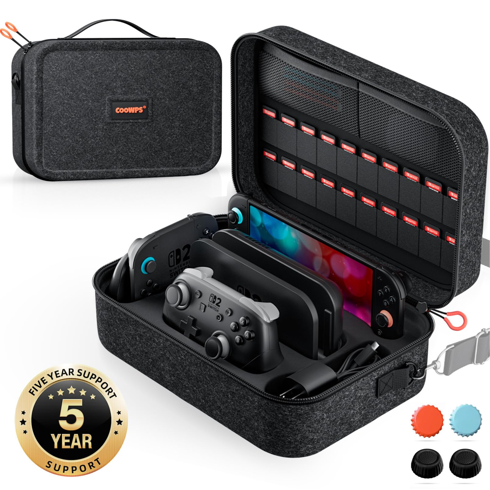 COOWPS for Nintendo Switch 2 Carrying Case 2025  with 4Pcs Thumb Grips  Game Card Slots  Odorless Felt Hard Shell Military Grade Protection All In One Travel Case for Switch 2 Console Pro Controller